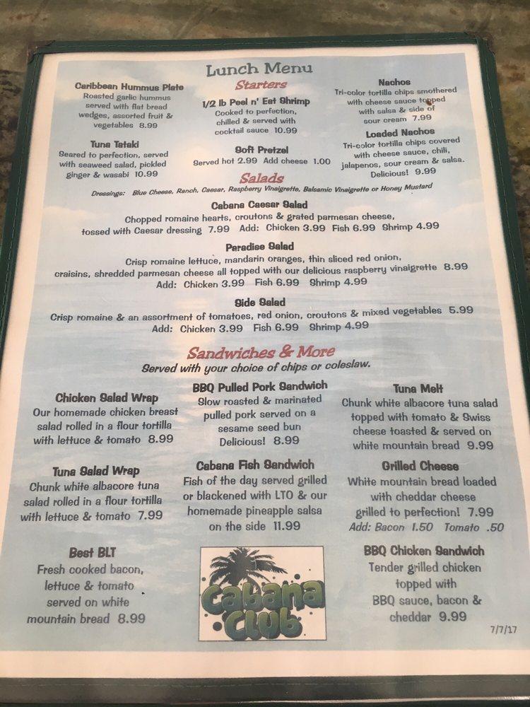 Menu at Cabana Club, Key Colony Beach, 425 East Ocean Drive