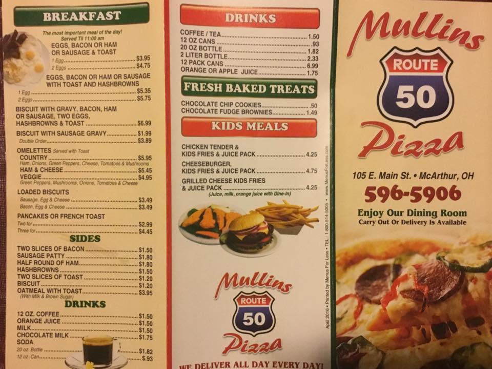 Menu at Mullins on Main pizzeria, McArthur