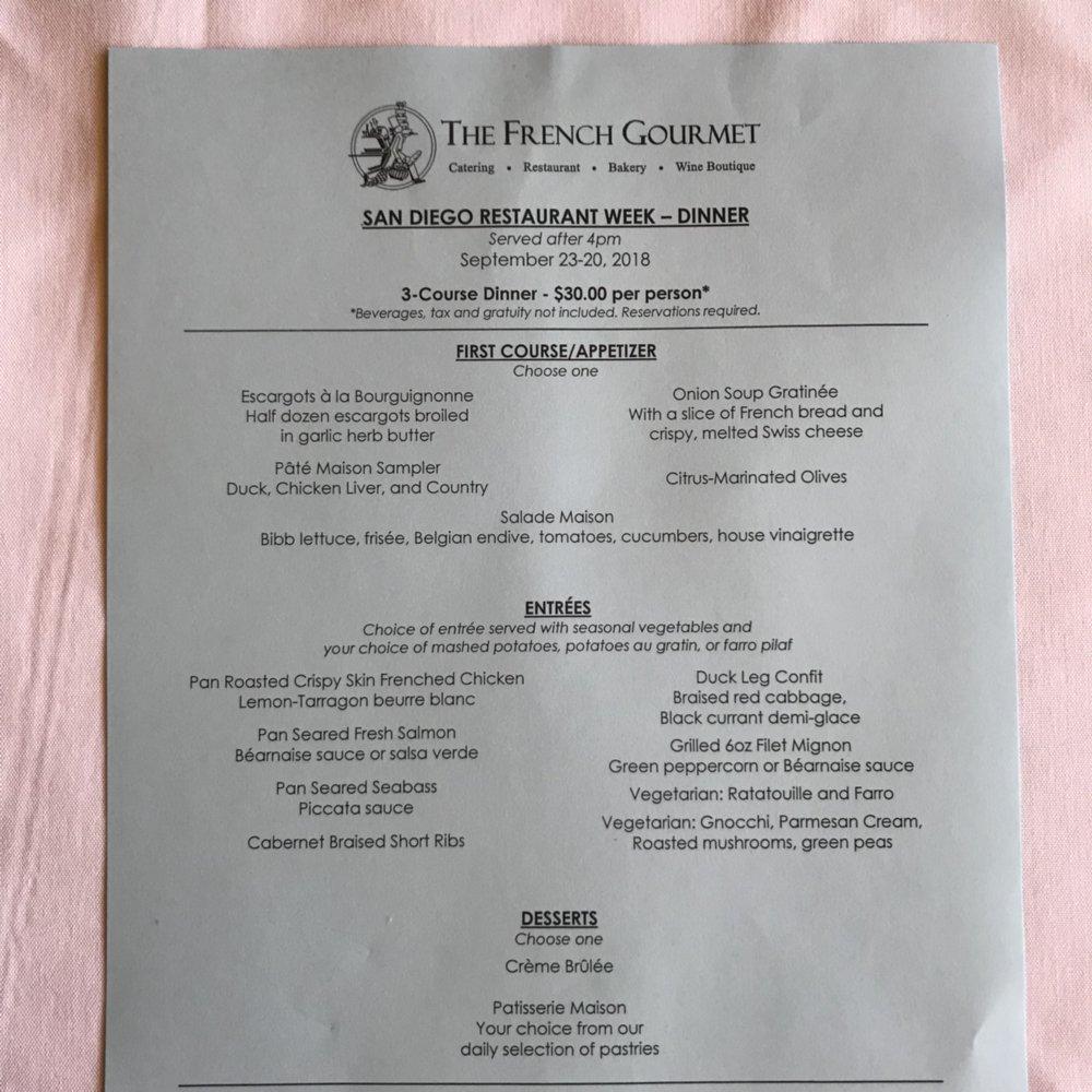 Menu at The French Gourmet restaurant, San Diego