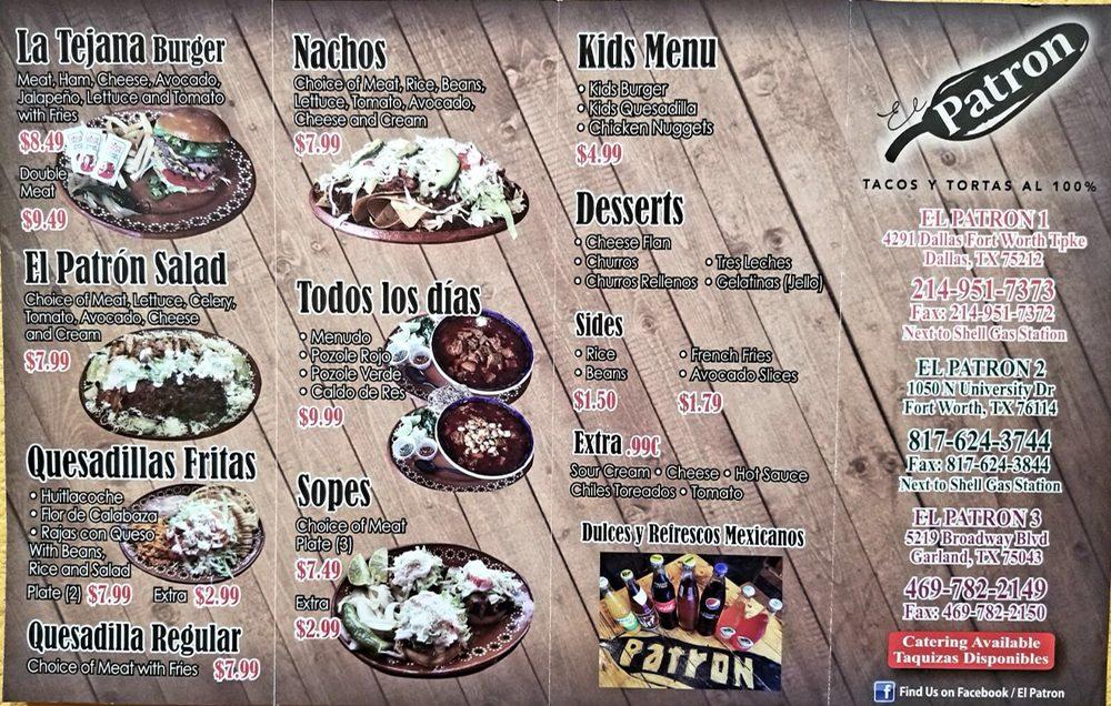 Menu at The Patron Tacos And Tortas restaurant, Garland