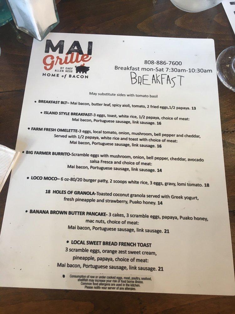 Menu at Mai Grille by Chef Allen Hess pub & bar, Waikoloa Village
