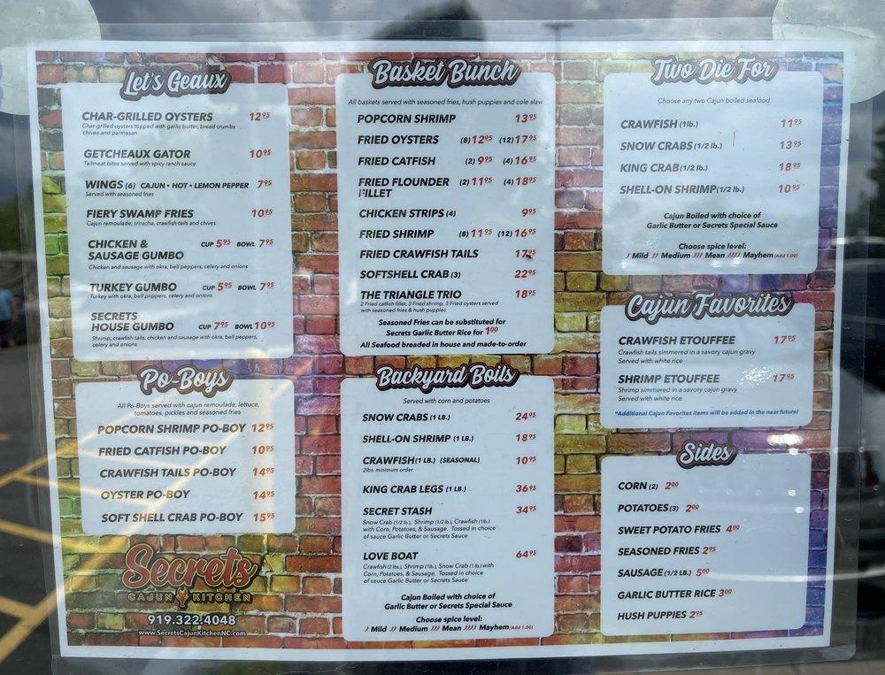 Menu at Secrets Cajun Kitchen restaurant, Raleigh