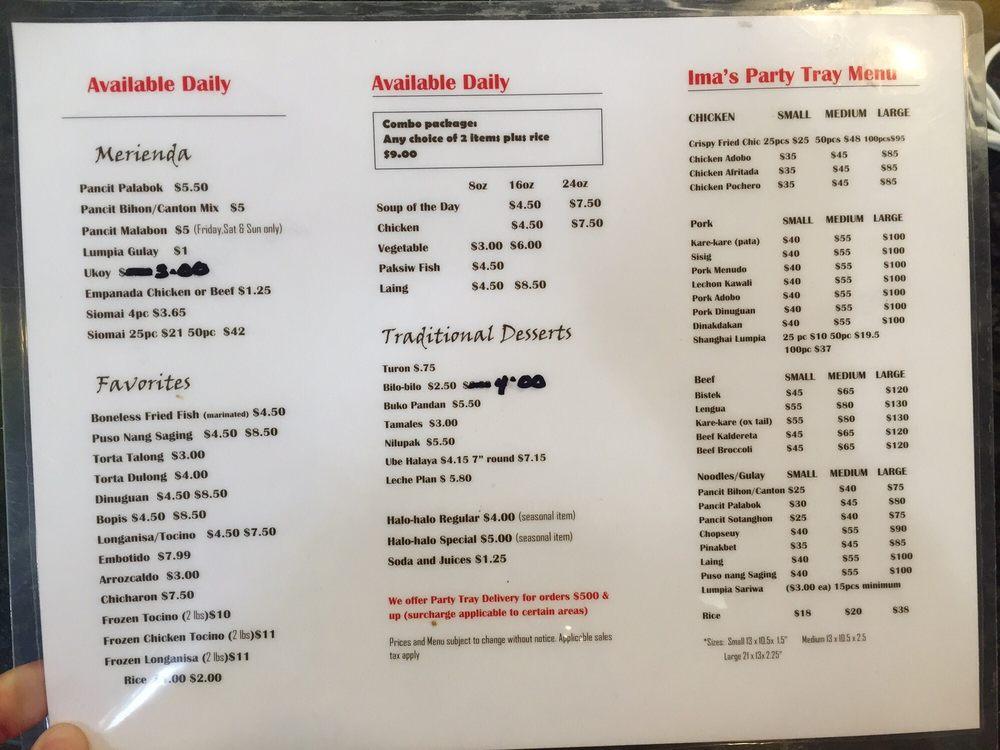 Menu at Ima's Kusina restaurant, Concord, 2030 Diamond Blvd