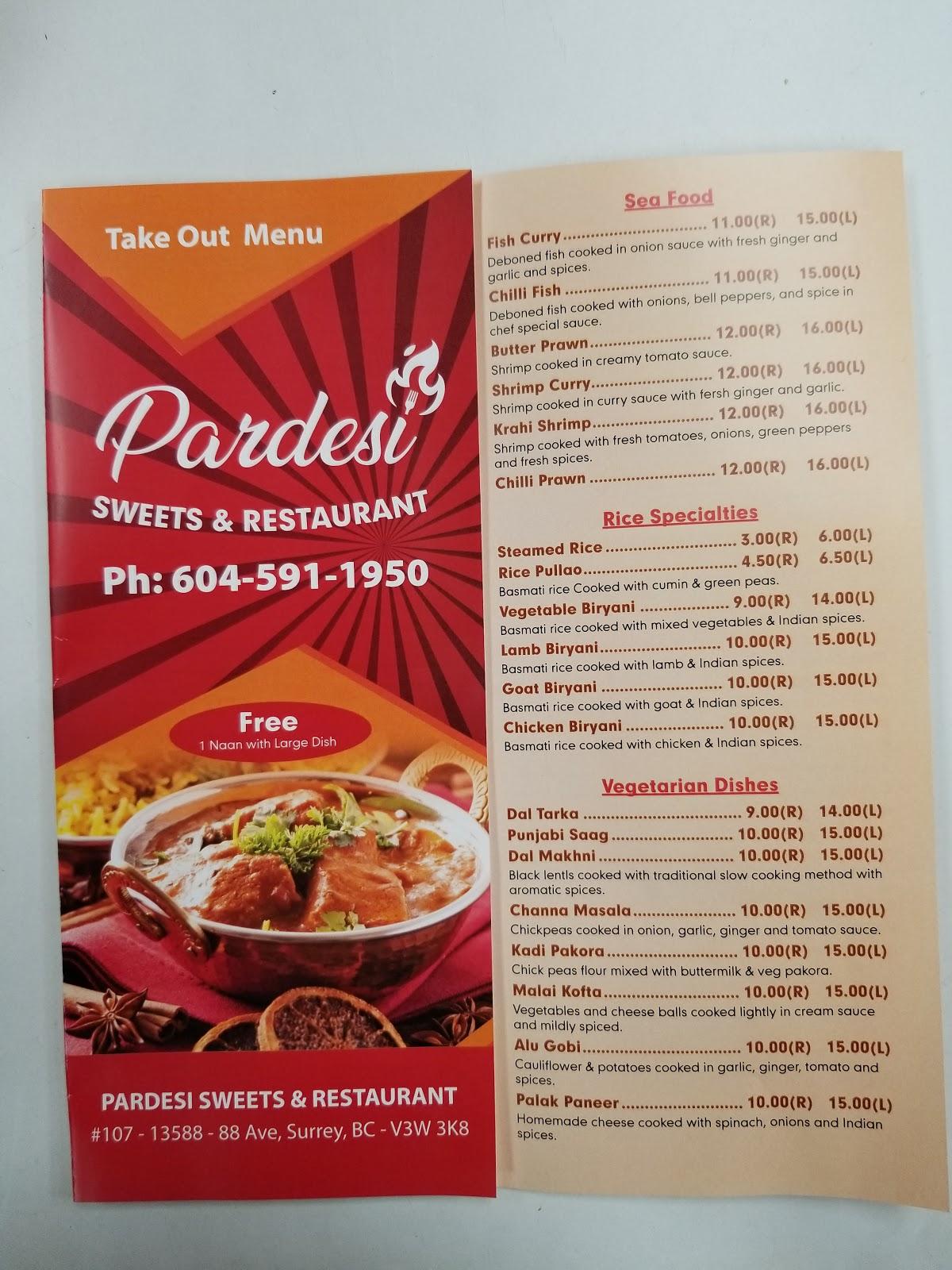 Menu at Pardesi Sweets and Restaurant, Surrey