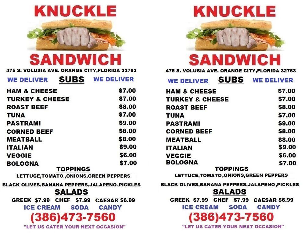 Menu at Knuckle Sandwich and Catering restaurant, Orange City