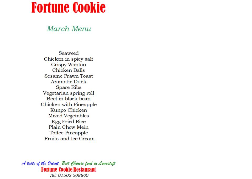 Menu at Fortune Cookie restaurant, Lowestoft