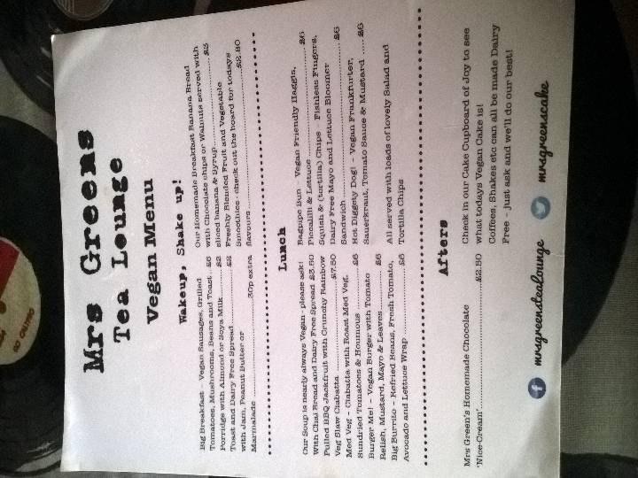 Menu at Mrs Green's cafe, Dumfries