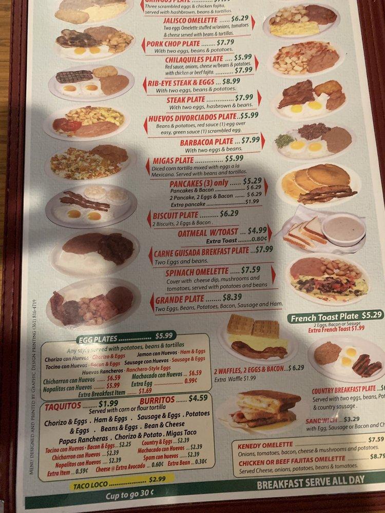 Menu at Taqueria Jalisco restaurant, Cuero
