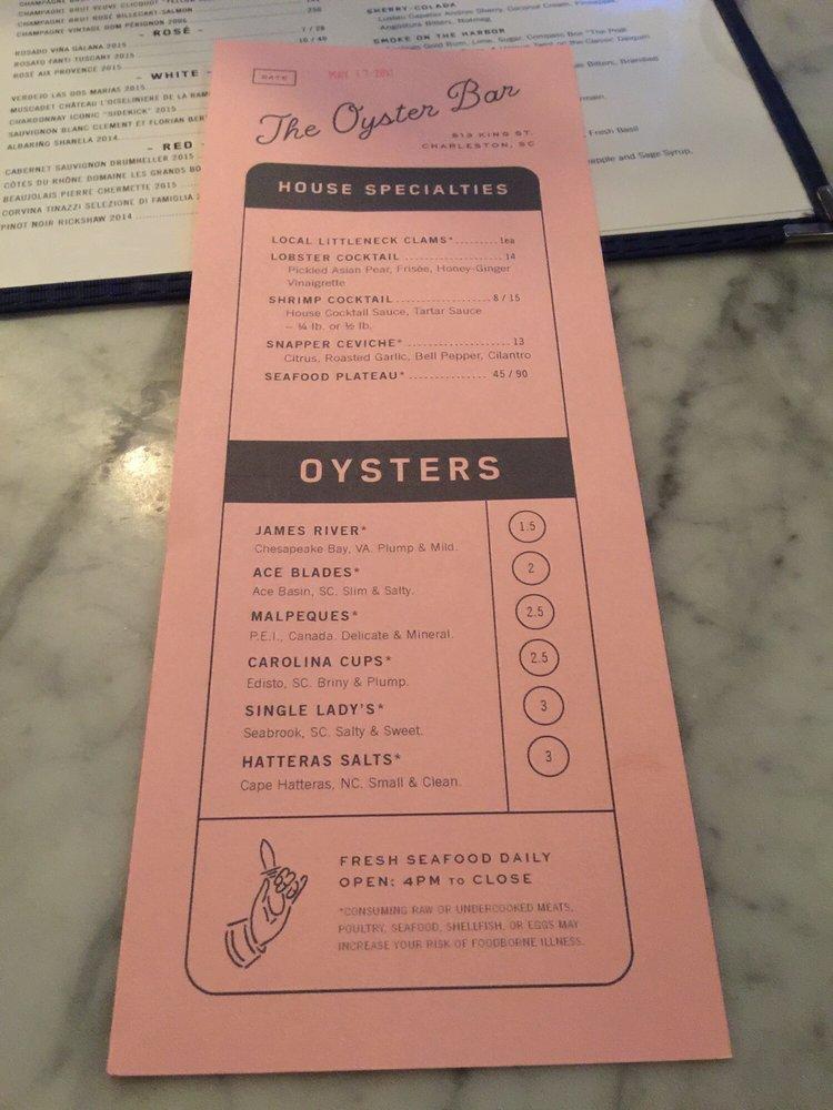 Menu at The Darling Oyster Bar, Charleston