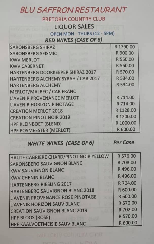 Menu at Blu Saffron restaurant, Pretoria