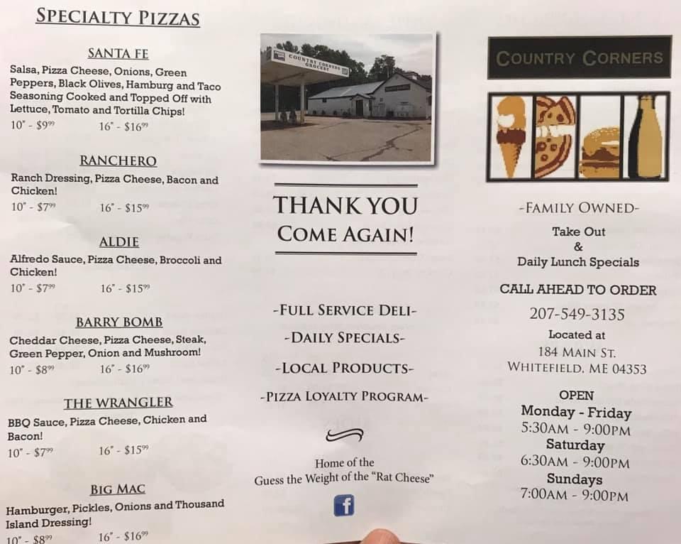 Menu at Country Corners pizzeria, Whitefield
