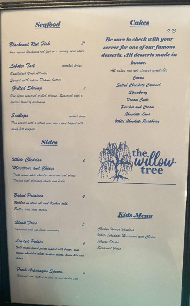 Menu at The Willow Tree steakhouse, Obion