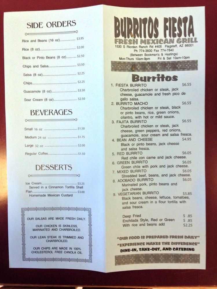 Menu at Burritos Fiesta Fresh Mexican restaurant, Flagstaff