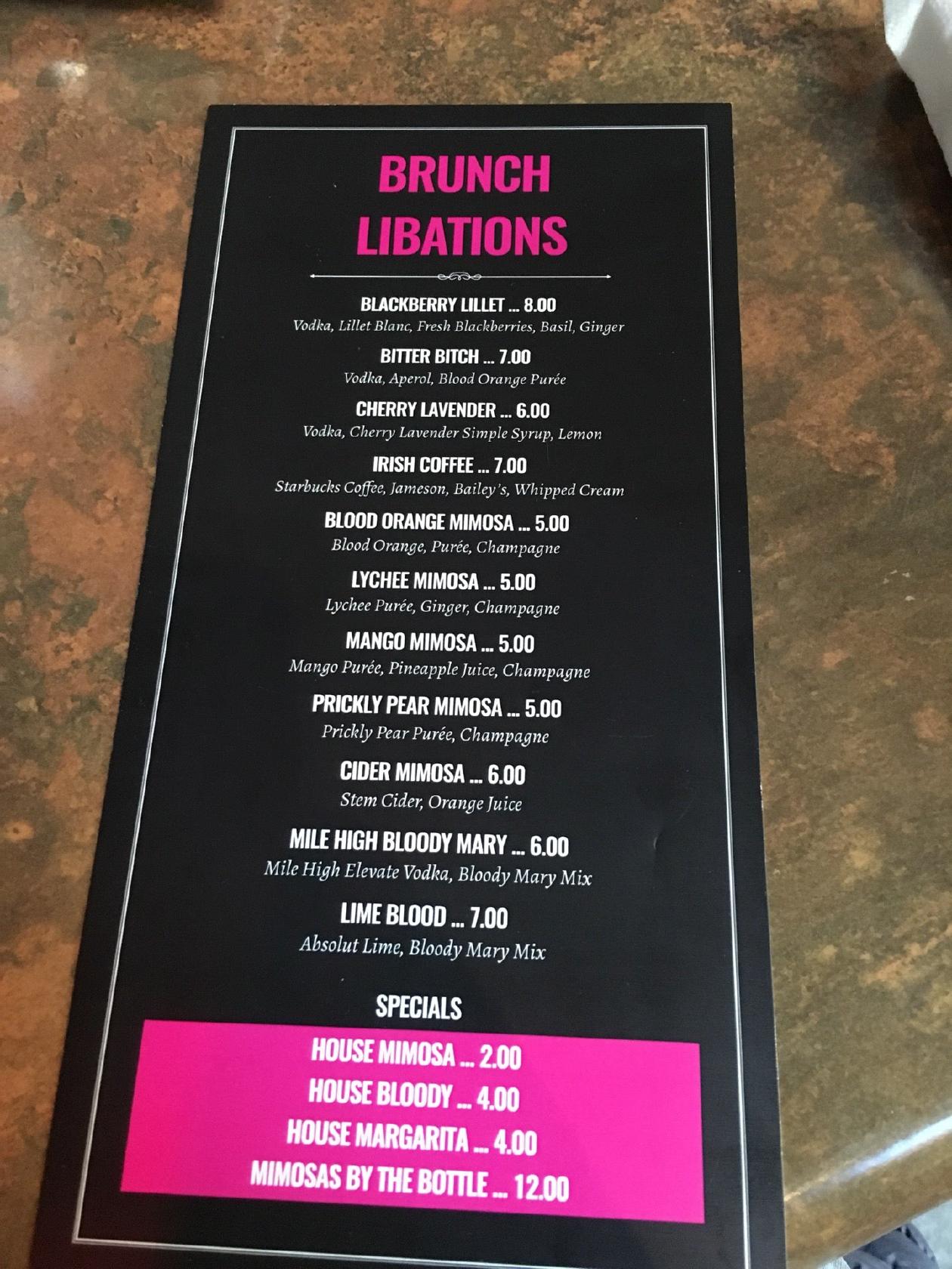 Carta del pub y bar Triangle Denver, Denver
