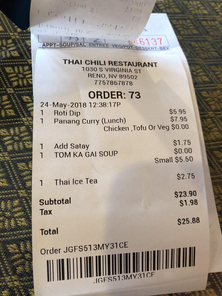 Menu at Thai Chili restaurant, Reno