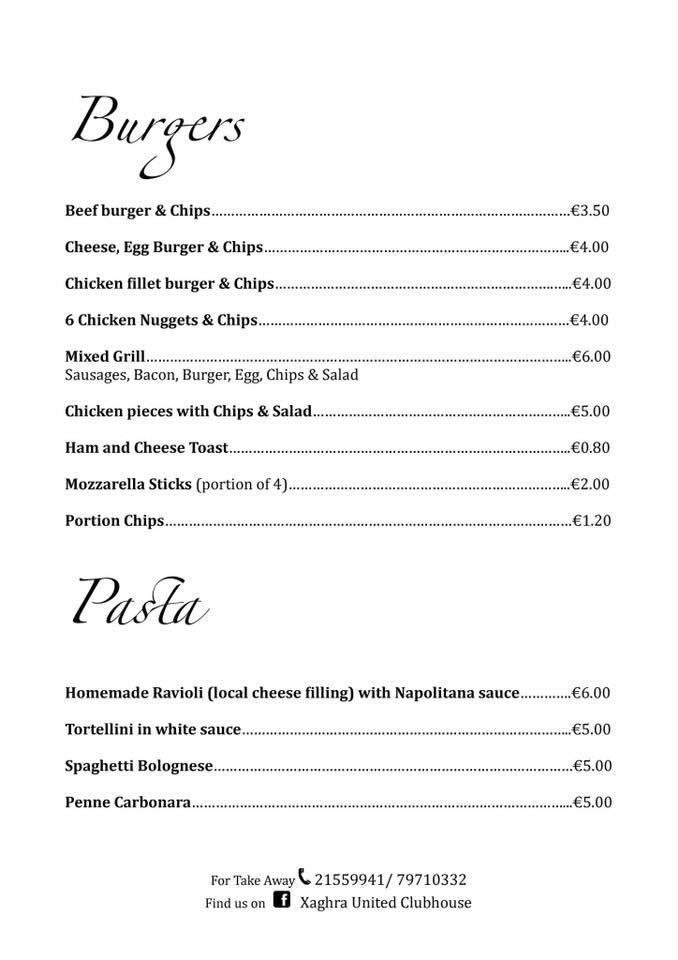 Menu at Xaghra United Clubhouse, Xagħra