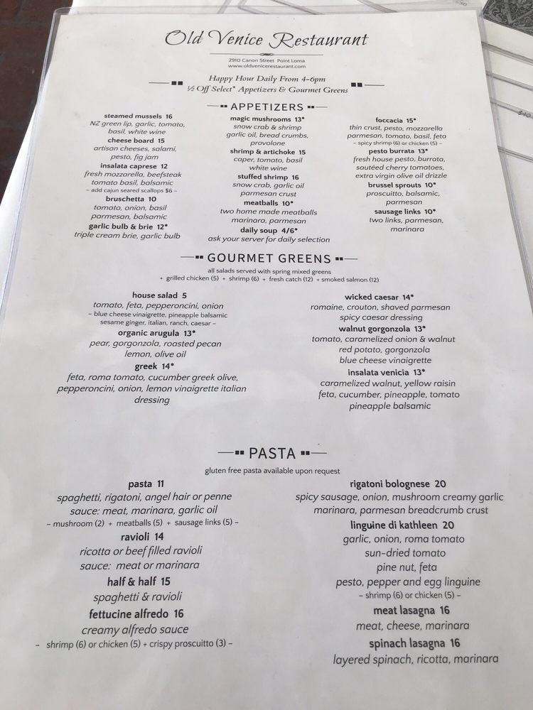 Menu at Old Venice Restaurant, San Diego