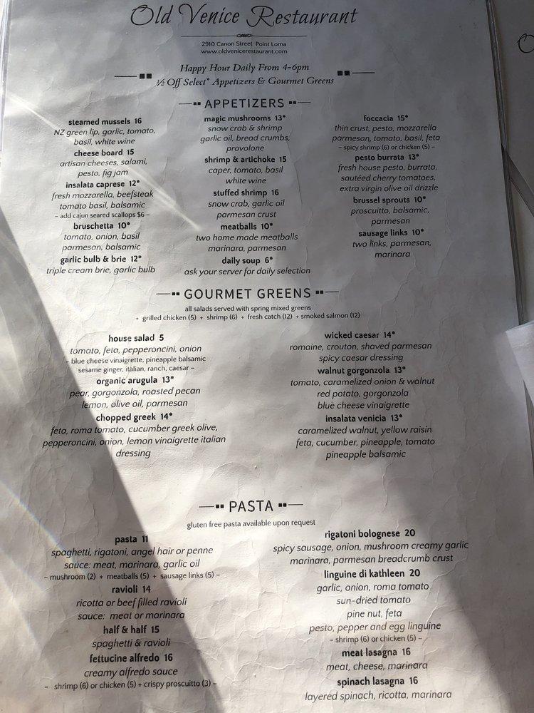 Menu at Old Venice Restaurant, San Diego