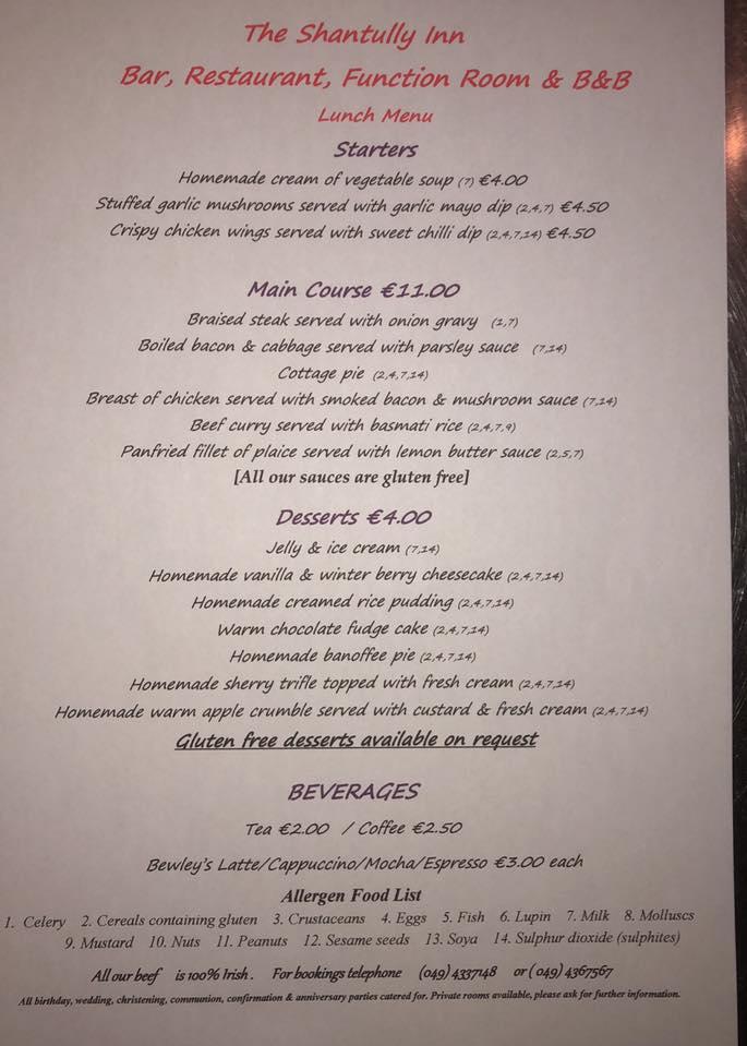 Menu At Shantully Inn, Bar ~ Restaurant ~ B&B, Crossdoney