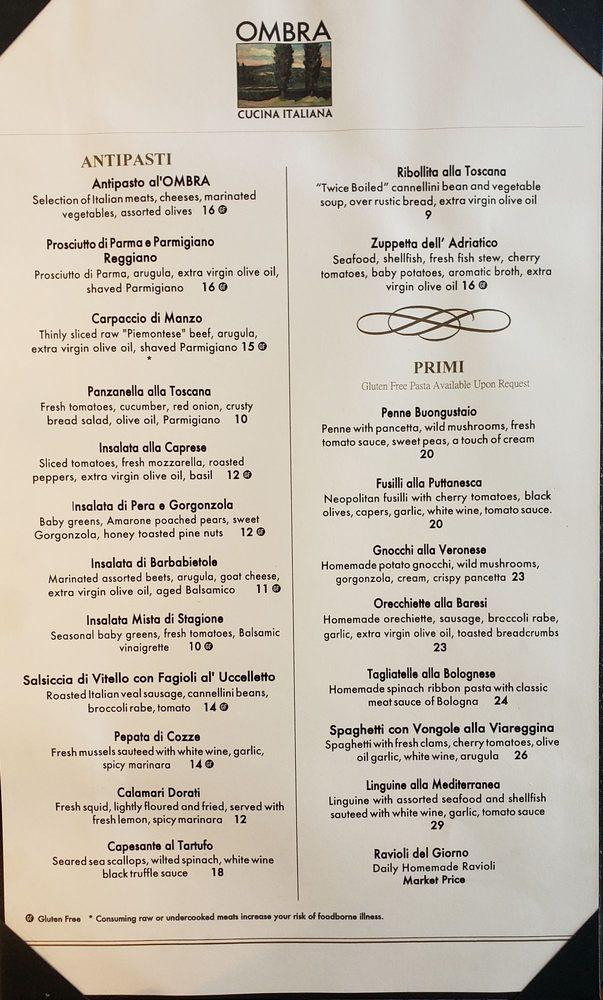 Menu at Ombra Cucina Italiana restaurant, Hilton Head Island