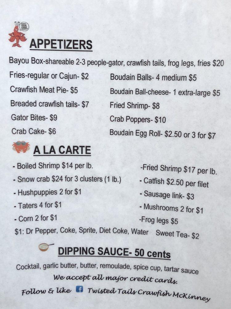 Menu at Twisted Tails Crawfish restaurant, McKinney