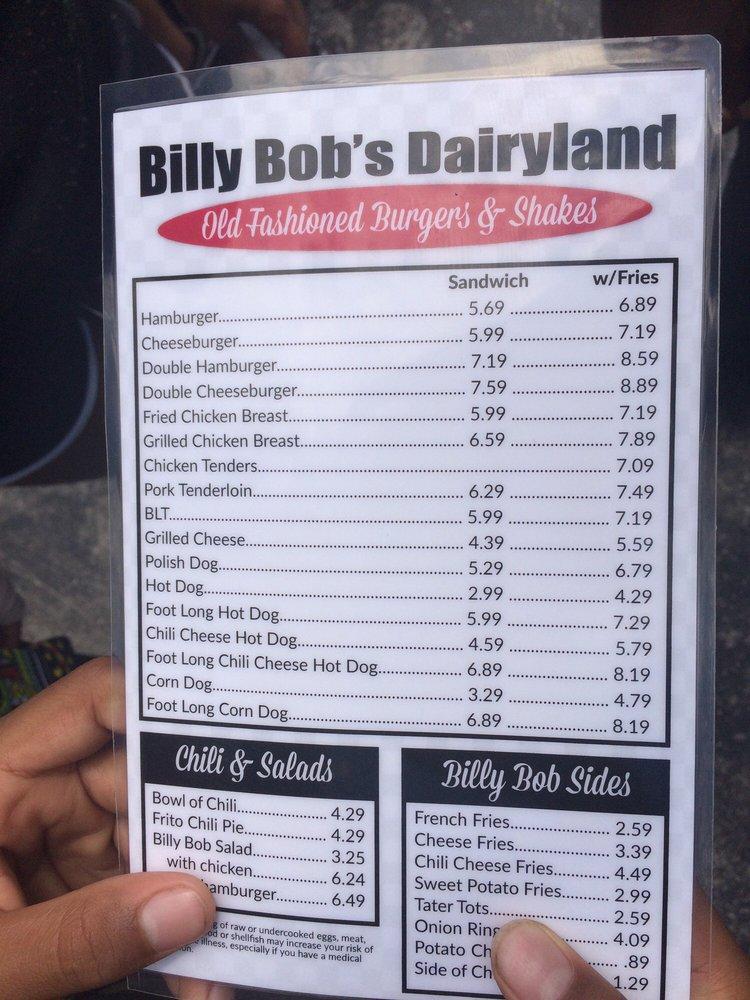 Menu at Billy Bob's Dairy Land restaurant, Branson, W 76 Country Blvd