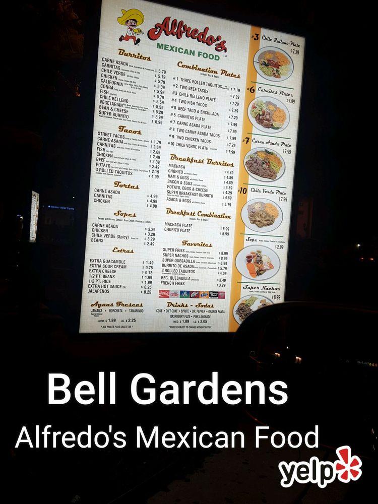 Menu at Alfredo's Mexican Food restaurant, Bell Gardens, Eastern Ave