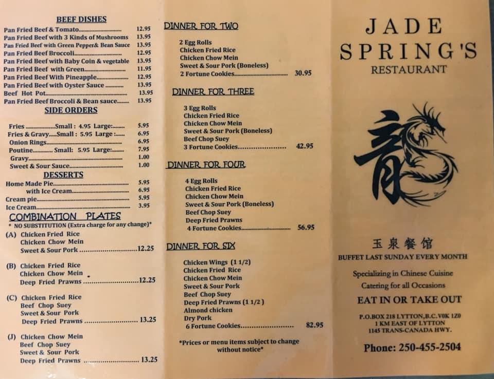 Menu at Jade Springs Restaurant, Lytton, TransCanada Hwy