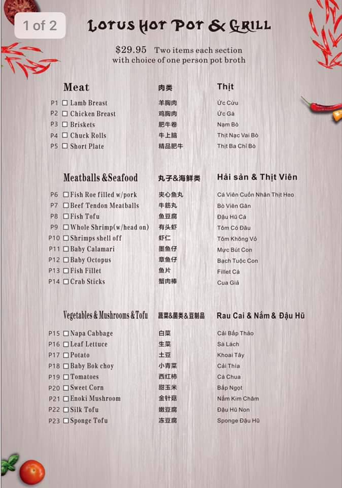 Menu at Lotus Hot Pot & Grill restaurant, Gladstone
