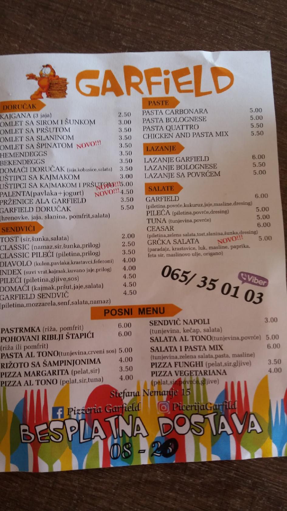 Menu at Garfield restaurant, Lukavica