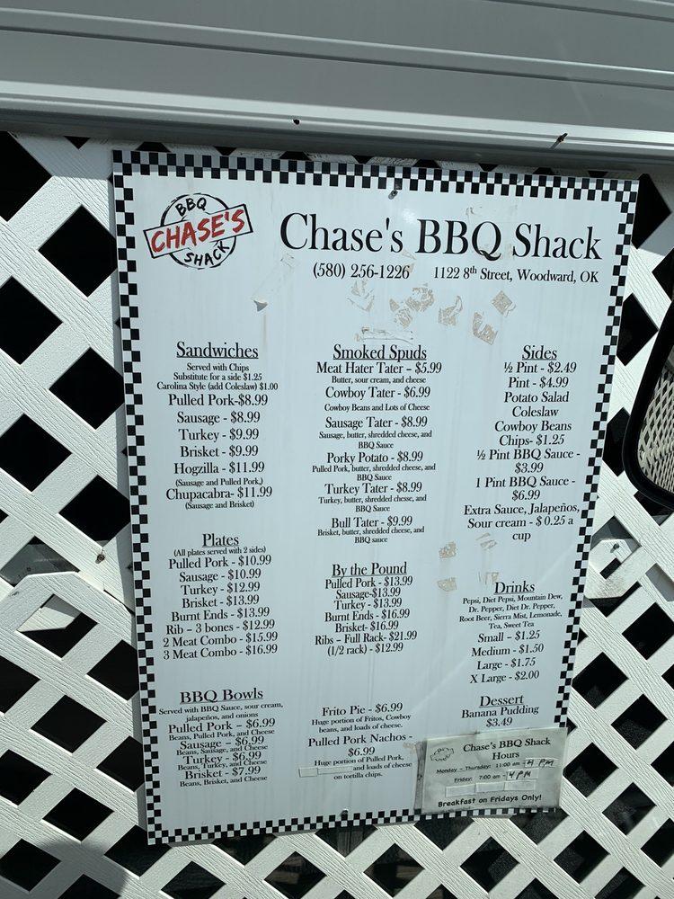 Menu at Chase's BBQ Shack, Woodward