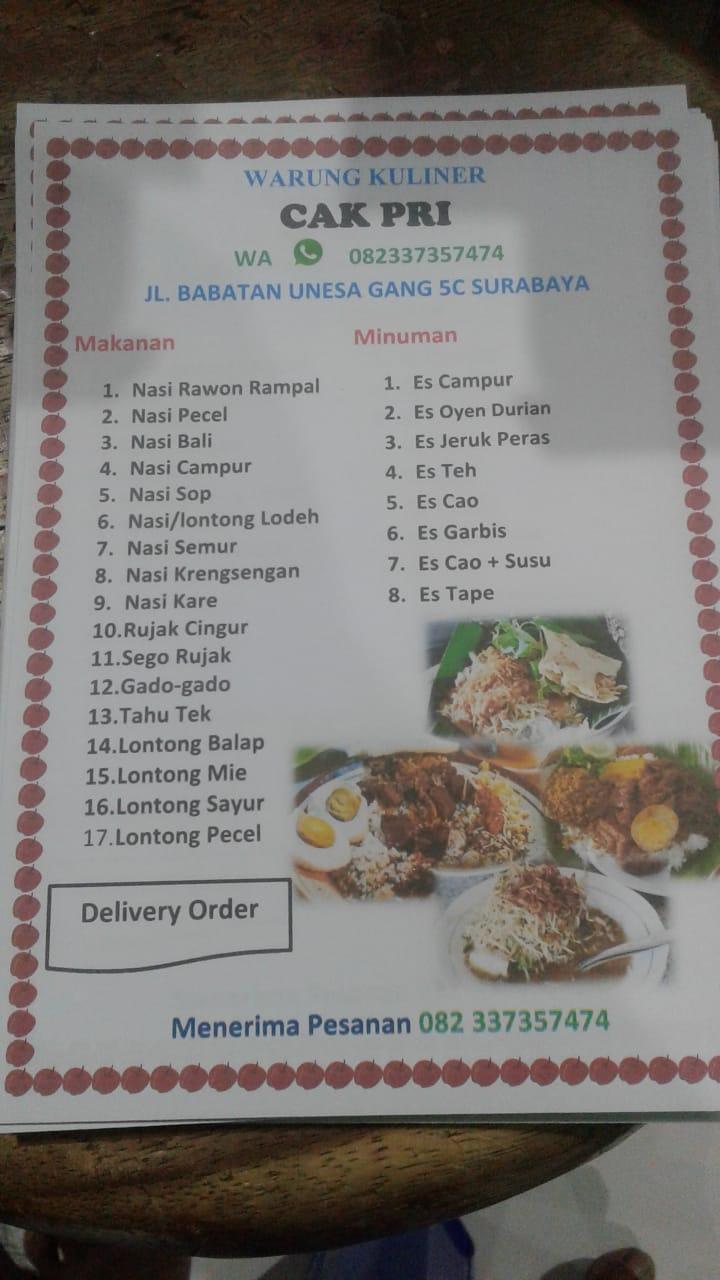 Menu at Warung kuliner cak Pri restaurant, Surabaya