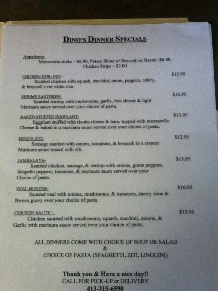 Menu at Dino's Pizza pizzeria, Holyoke