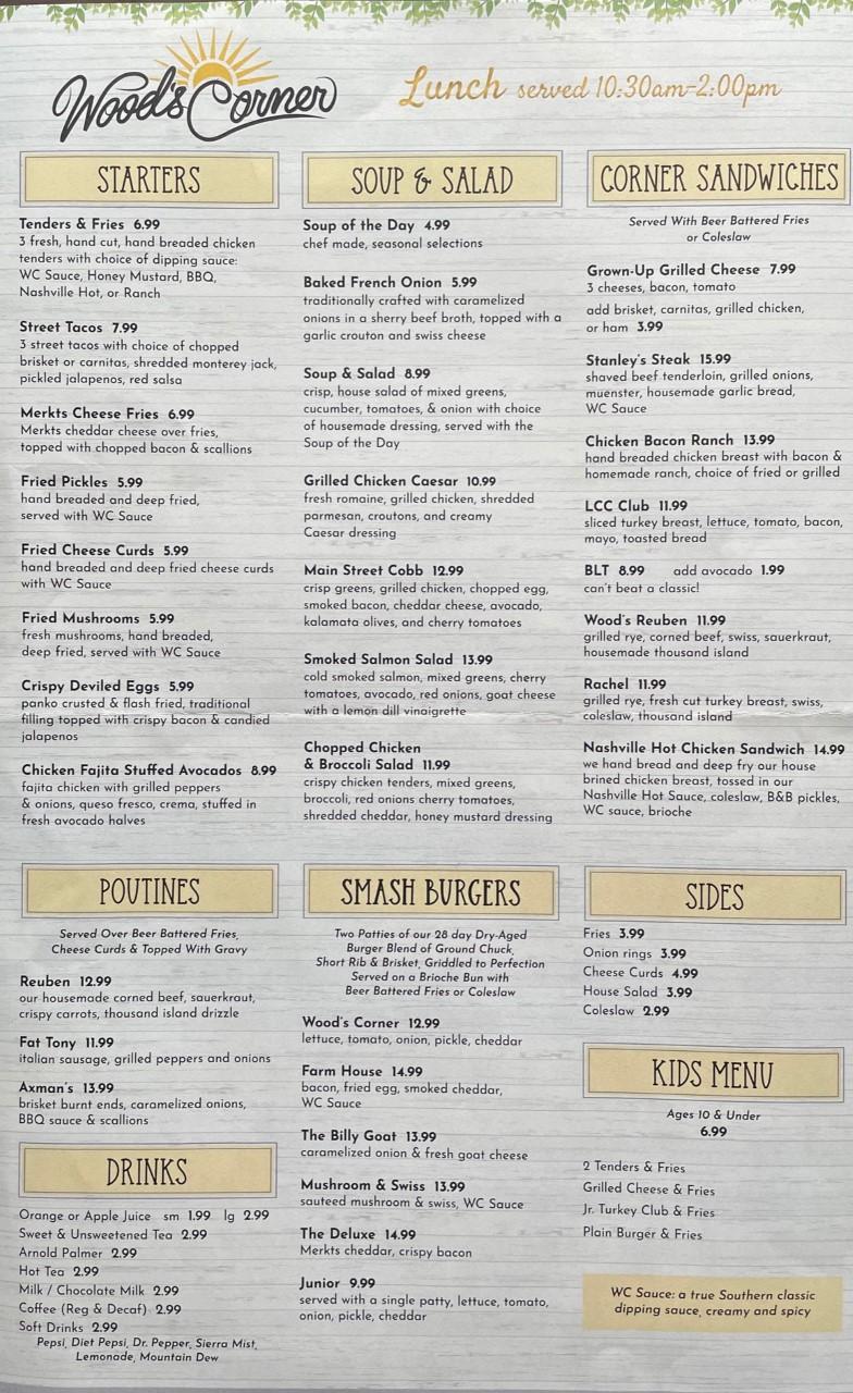 Menu at Wood's Corner restaurant, Crete