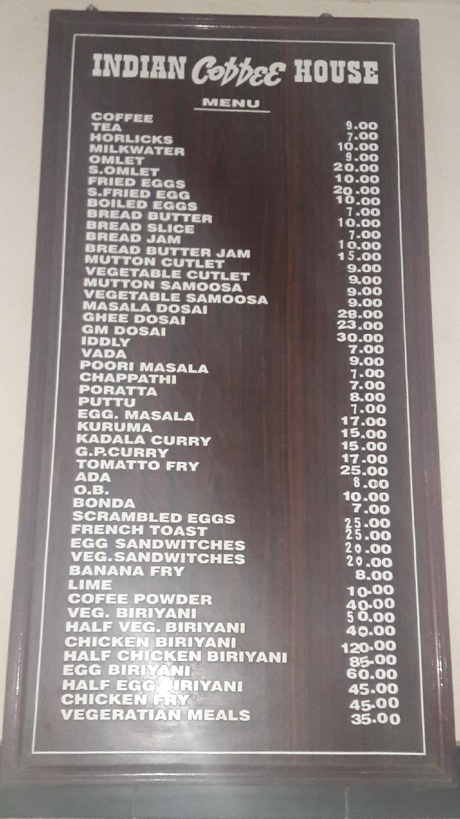 Menu at Indian Coffee House, Kozhikode, 7RGQ+444