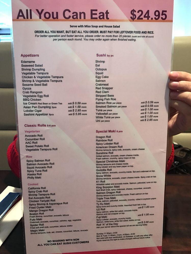 Menu at Kyoto restaurant, Greenfield
