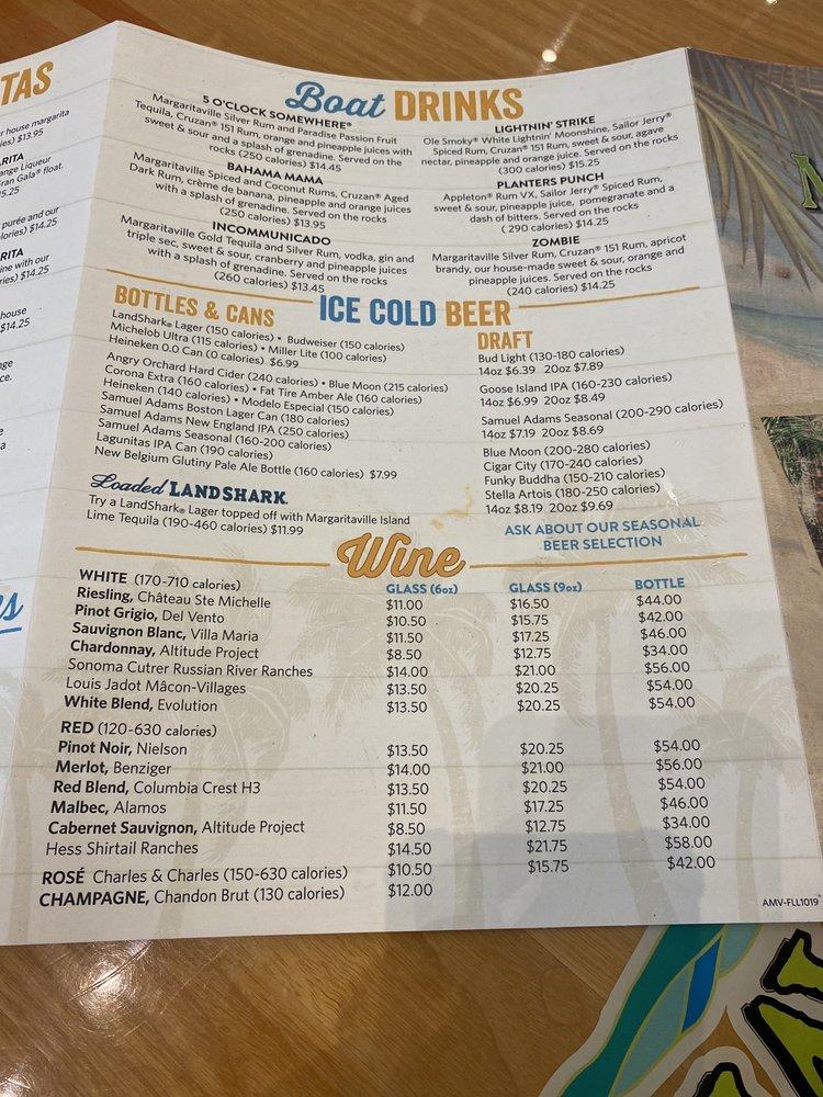 Menu at Air Margaritaville Restaurant, Fort Lauderdale, International