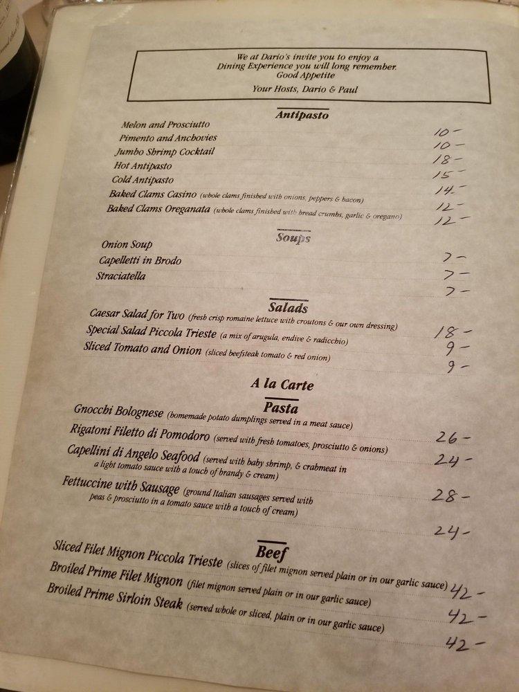 Menu at Dario's restaurant, Rockville Centre