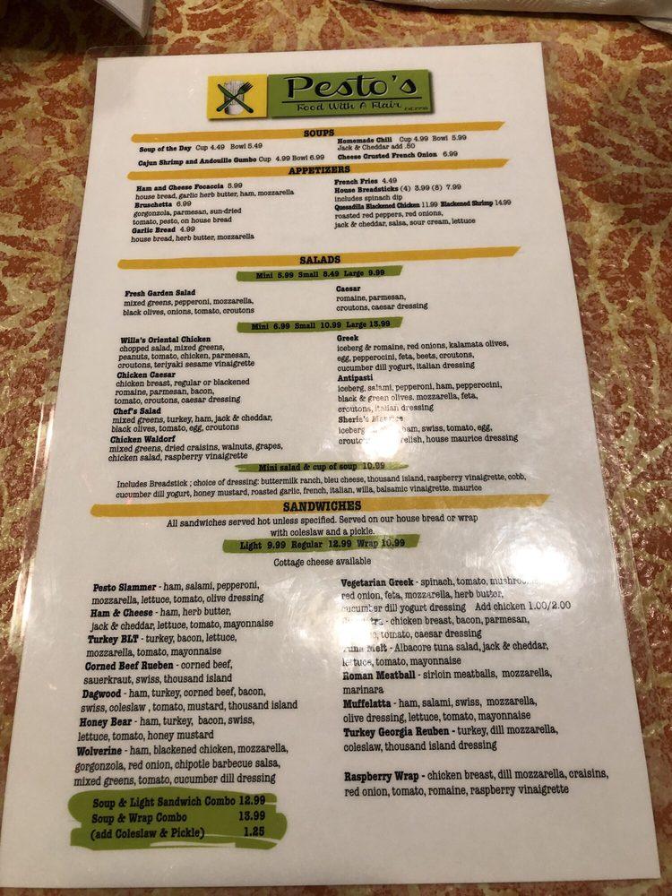 Menu at Pesto's restaurant, Flint