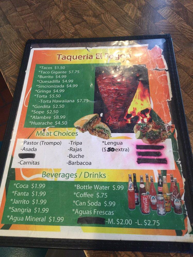 Menu at Taqueria El Fogon restaurant, Wichita, S Bluffview Dr