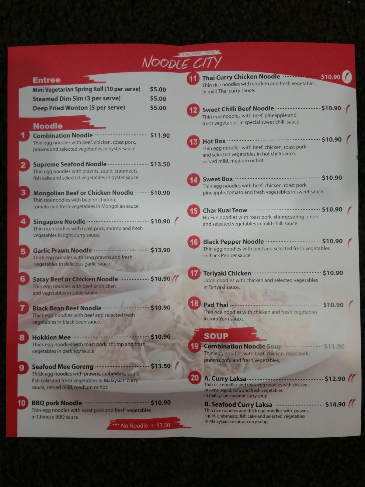 Menu at Noodle City restaurant, Ipswich