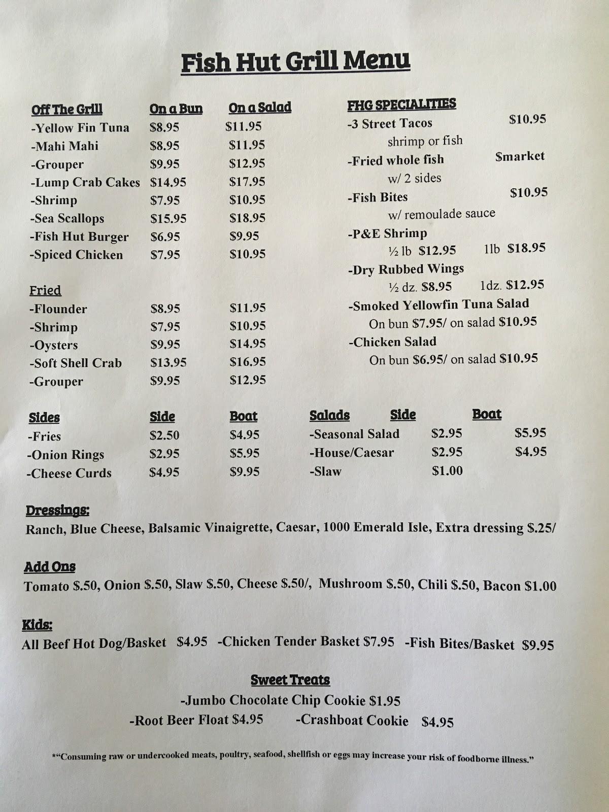 Menu at Fish Hut Grill restaurant, Emerald Isle