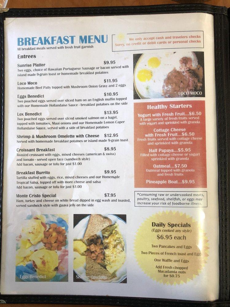 Menu at Sunrise Cafe, Lahaina