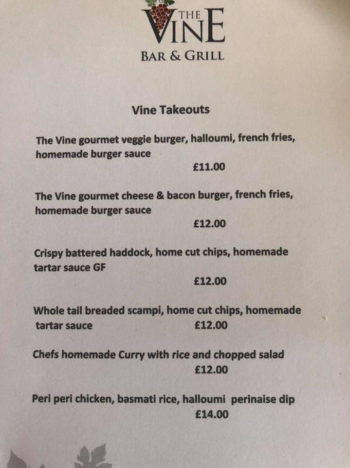 Menu at The Vine Bardfield, Great Bardfield