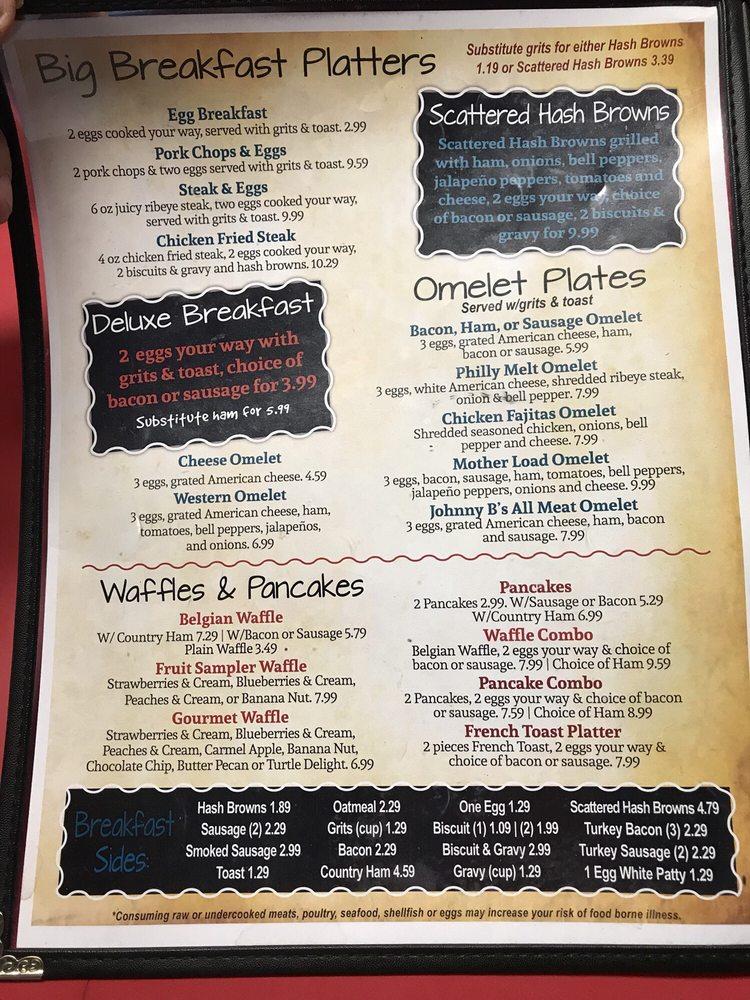 Menu at Johnny B's restaurant, El Dorado