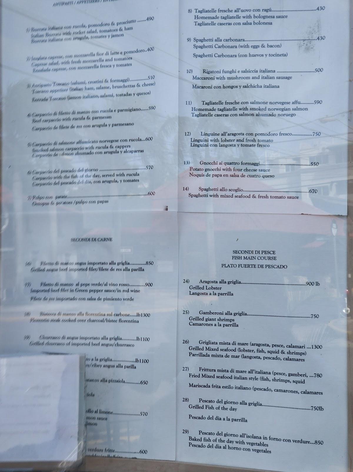 Menu at Osteria Toscana restaurant, Sosúa