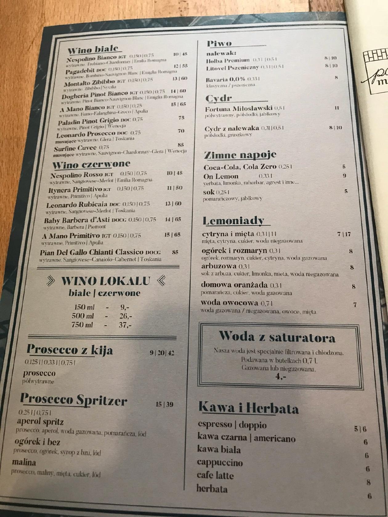 Menu at Pasta Miasta restaurant, Gdynia