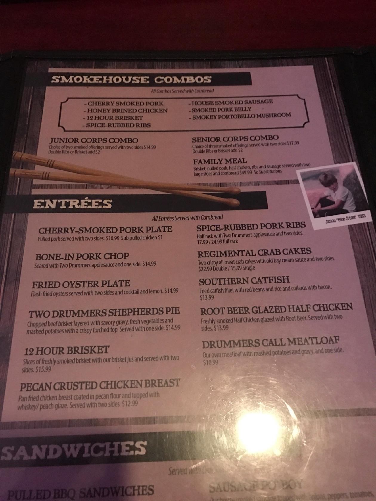 Menu at Two Drummers Smokehouse BBQ, Toano