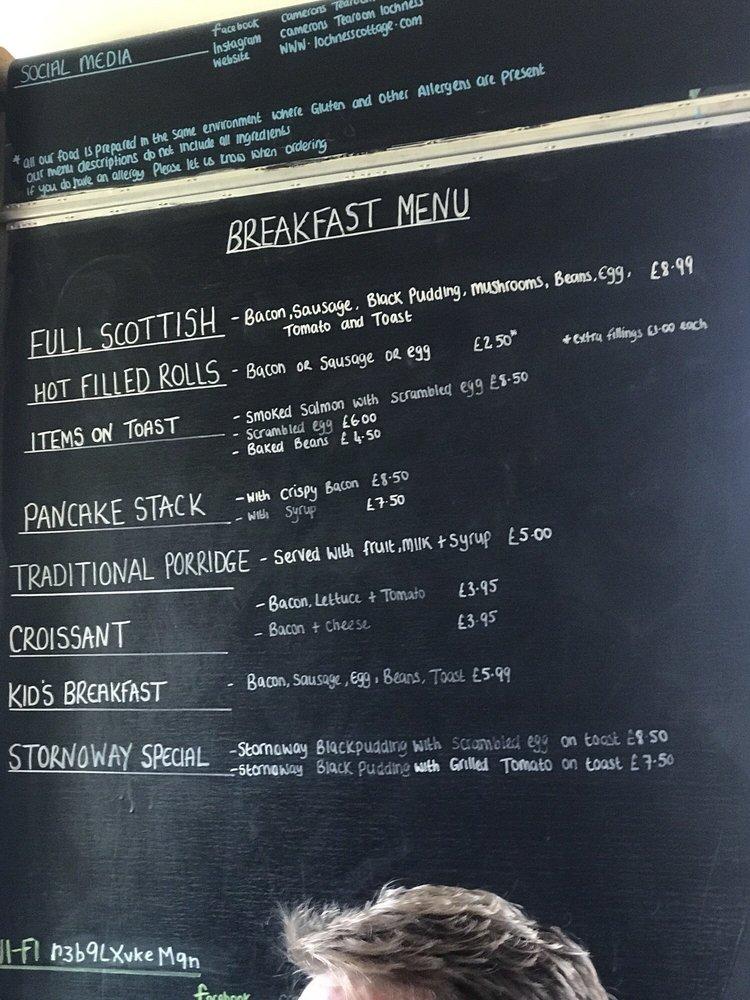 Menu at Camerons Tea Room cafe, Foyers