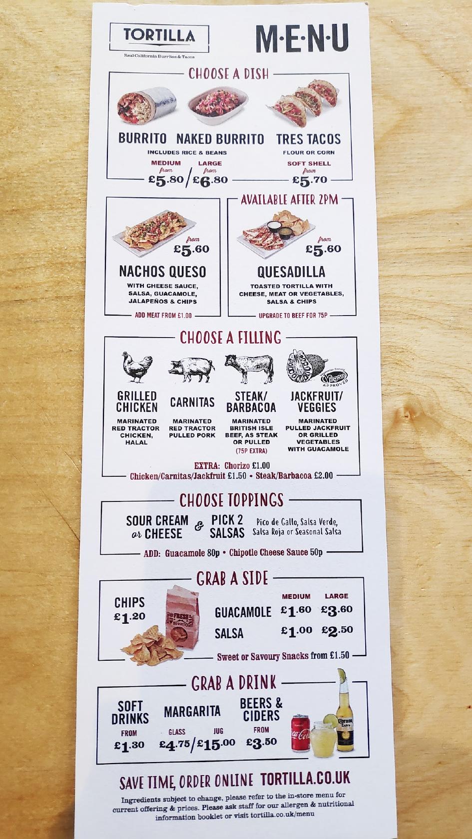 Menu at Tortilla Liverpool fast food, Liverpool